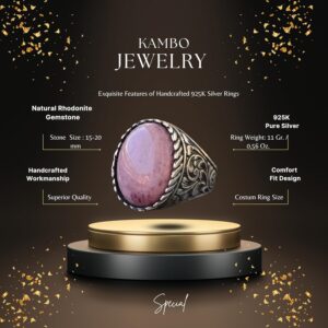 925 Ayar Gümüş Yüzük - Gerçek Doğal Taş Yüzük - Rhodonit - Görsel 2