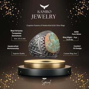 Gerçek Arizona Turkuaz Taş Yüzük, Erkekler İçin Bizans Yüzüğü, 925 Ayar Gümüş Yüzük - Görsel 2