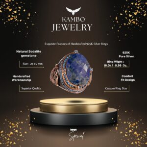 925 Ayar Gümüş Yüzük, Doğal Sodalit Taşı ile, El Yapımı Erkek İfadeli Yüzük, Vintage Tasarım - Görsel 2