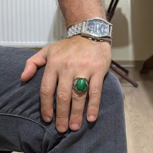 Gerçek Doğal Malakit Taş Yüzük - 925 Ayar Gümüş El Yapımı Yüzük - Taş Takı - Görsel 3