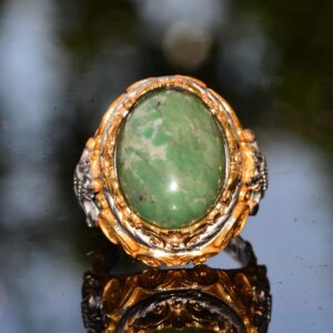 Gerçek Doğal Kriyospras Taşlı Yüzük, Sterlin Gümüş Erkek Yüzüğü, Altın Kaplama - Görsel 5