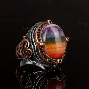 Gökkuşağı Doğal 7 Farklı Taşlı Gümüş Yüzük, 925 Ayar Gümüş Erkek Yüzük, Çok Renkli Gümüş Yüzük - Görsel 4