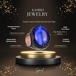 Davud Yıldızı Gümüş Yüzük, Lacivert Kedi Gözü Yapay Taş, 925 Ayar Gümüş Süleyman Yüzüğü - Görsel 2