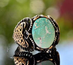 Erkek Yeşil Turkuaz Taş Yüzük, 925 Ayar Gümüş ile Vintage Orta Doğu Tasarımı - Görsel 7