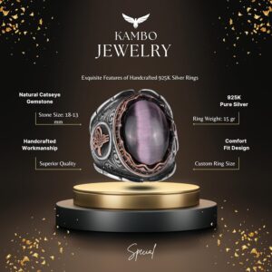 925 Ayar Katı Gümüş Erkek Yüzük, Ametist Kedi Gözü Doğal Taş Yüzük, Osmanlı Tuğra Yüzüğü, El Yapımı Zarafet - Görsel 2