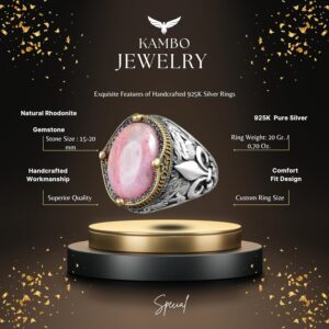 Zambak Desenli Gümüş Yüzük - 925 Ayar Gümüş El Yapımı Erkek Takısı (Rhodonit) - Görsel 2