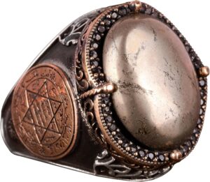 Doğal Pirit Taşlı Yüzük, Süleyman Mühürü Yüzüğü - 925 Ayar Katı Gümüş Erkek Yüzüğü