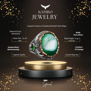 Vintage Erkek 925 Ayar Gümüş Yüzük, Doğal Druzy Kuvars Taş - Görsel 2