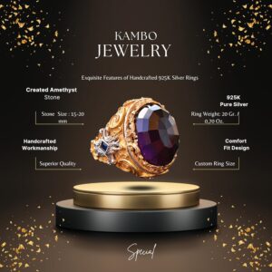 Yapay Ametist Taşlı Gümüş Büyük Şovalye Yüzüğü, Altın Kaplama - Görsel 2