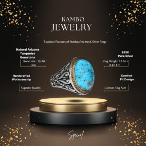 Erkekler için Sterlin Gümüş Yüzük - Doğal Arizona Turkuaz Taşı - Görsel 2