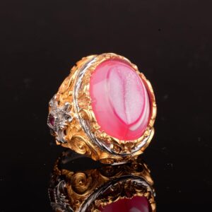 Gümüş Erkek Altın Kaplama Yüzük, Gerçek Kristal Druzy Kuvars Pembe Doğal Taş - Görsel 4