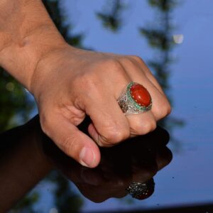 El yapımı Doğal Kırmızı Mercan Yüzük | 925 Ayar Gümüş Erkek Yüzüğü - Görsel 7