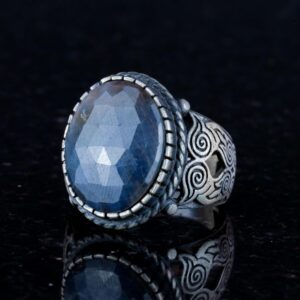 Safir Doğal Taş Yüzük, 925 Ayar Gümüş Erkek Yüzük, Mavi Safir Taşlı Gümüş Yüzük - Görsel 4