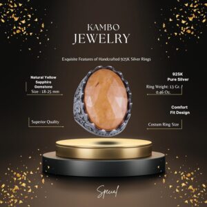 Gerçek Doğal Taş Yüzük - Gül Desenli Yüzük - 925 Ayar Gümüş Yüzük - El Yapımı Büyük Yüzük (Sarı Safir) - Görsel 2