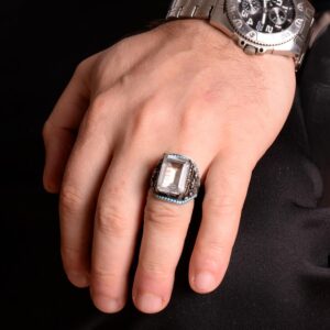 Gerçek Doğal Kristal Taş Yüzük, 925 Ayar Gümüş Erkek Yüzük - Görsel 3