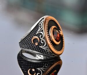 Hilal Yıldız Yüzük, Ay ve Yıldız Yüzüğü, Kırmızı Taşlı Erkek Gümüş Yüzük, 925 Ayar Gümüş Yüzük - Görsel 3