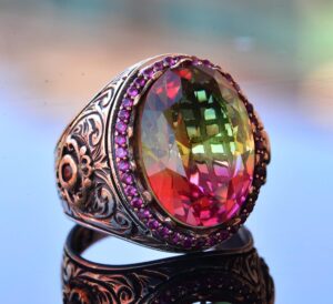 925 Ayar Gümüş Kral Yüzük - Çok Renkli Yapay Taş - El Yapımı Erkek Takısı - Görsel 3