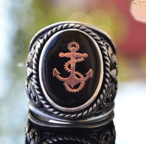 925 Ayar Gümüş Zambak Desenli Büyük Erkek Yüzüğü - Gemi Çapası Nautical Yüzük - Görsel 5