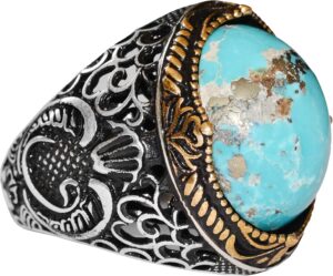 Erkekler için Sterling Gümüş Yüzük - Doğal Arizona Turkuaz Taşı ile Altın Aksan