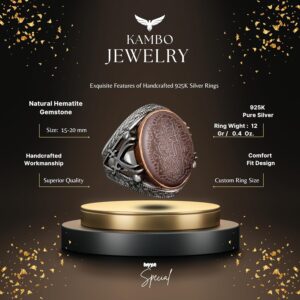 Gerçek Hematit Taş Yüzük, Kılıç Yüzüğü, İslami Gümüş Erkek Yüzüğü, 925 Ayar Gümüş Yüzük - Görsel 2