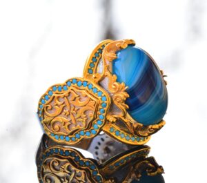 Gerçek Doğal Taş Yüzük, 925 Ayar Gümüş Kral - Altın Kaplama (Mavi Akik) - Görsel 4