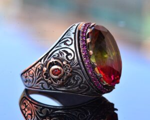 925 Ayar Gümüş Kral Yüzük - Çok Renkli Yapay Taş - El Yapımı Erkek Takısı - Görsel 4
