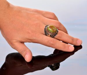 El Yapımı 925 Ayar Gümüş Erkek Yüzük, Gerçek Arizona Turkuaz Taşı - Karmaşık Osmanlı İşlemeli Tasarım - Özgün Gümüş Yüzük - Görsel 6