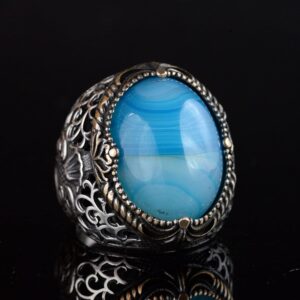Erkekler için Doğal Mavi Akik Taşı Yüzük, 925 Ayar Gümüş El Yapımı Osmanlı Tarzı, Şifa Kristali Takı - Görsel 3