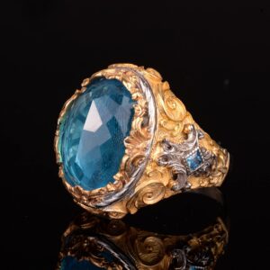 925 Ayar Gümüş Erkek Yüzük, Kral Yüzük, Yapay Akuamarin Taşlı Yüzük Erkekler İçin - Görsel 5