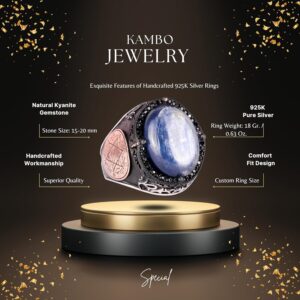 Erkekler için Gümüş Yüzük, Doğal Kyanit Taşı Yüzüğü - 925 Ayar Saf Gümüş Erkek Yüzüğü, Davud Yıldızı Yüzüğü - Görsel 2