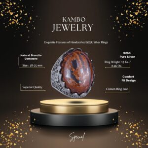 Gerçek Doğal Taş Yüzük - Gül Desenli Yüzük - 925 Ayar Gümüş Yüzük - El Yapımı Büyük Yüzük (Bronzit) - Görsel 2