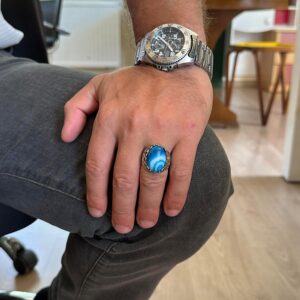 Gerçek Doğal Taş El Yapımı Yüzük - 925 Ayar Gümüş El Yapımı Yüzük - Şık Farklı Yüzük (Mavi Akik) - Görsel 3