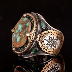 925 Doğal Arizona Turkuaz Taş Yüzük, Oval Sterlin Gümüş Yüzük Erkekler için - Görsel 5