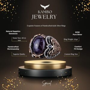 Doğal Cabochon Mavi Safir Taşı, 925K Sert Gümüş Erkek Yüzük, El Yapımı Şıklık - Görsel 6