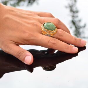 Gerçek Doğal Kriyospras Taşlı Yüzük, Sterlin Gümüş Erkek Yüzüğü, Altın Kaplama - Görsel 6