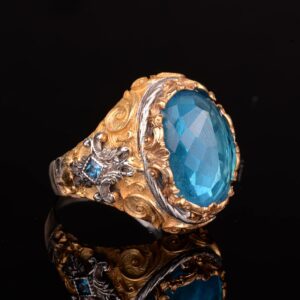 925 Ayar Gümüş Erkek Yüzük, Kral Yüzük, Yapay Akuamarin Taşlı Yüzük Erkekler İçin - Görsel 4