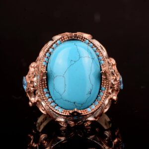 925 Ayar Gümüş Erkek Yüzük, Yapay Turkuaz Taş Yüzük - Görsel 6