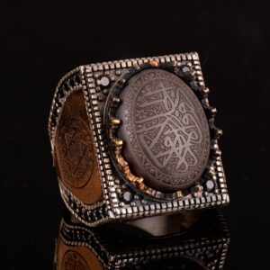 925 Ayar Gümüş Erkek Yüzük, Hematit Taşı, Vintage İslami Tasarım, Oyma Arapça Hat Yazısı - Görsel 3