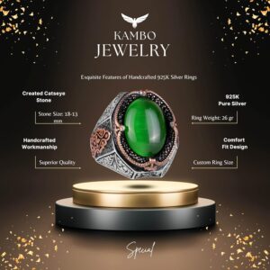 925 Ayar Gümüş Yüzük, Yeşil Kedi Gözü Taşı Yüzük, Tasarım Gümüş Erkek Yüzüğü - Görsel 2