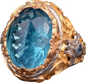 Gümüş Erkek Kral Büyük Yüzük, Yapay Mavi Topaz Taşı, Altın Kaplama - Görsel 1