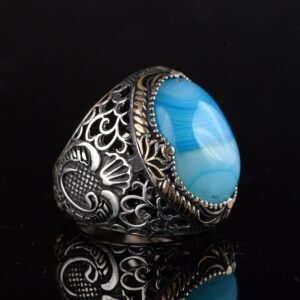 Erkekler için Doğal Mavi Akik Taşı Yüzük, 925 Ayar Gümüş El Yapımı Osmanlı Tarzı, Şifa Kristali Takı - Görsel 5