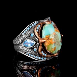 Ateş Mavisi Doğal Arizona Turkuaz Taş Yüzük, 925 Ayar Gümüş Yüzük Erkekler İçin - Görsel 5