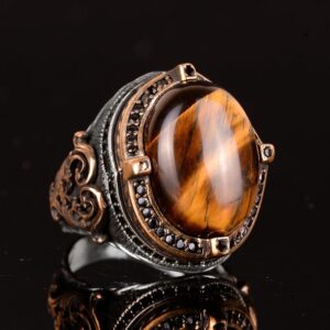 Kaplan Gözü Doğal Taş Yüzük - 925 Ayar Gümüş El Yapımı Erkek Yüzük - Güç ve Cesaret Tasarımı - Görsel 4