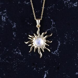 Gerçek Doğal Aytaşı Taşlı Gümüş Kolye, Altın Kaplama Güneş Süsleme, Şık El Yapımı Takı - Görsel 4
