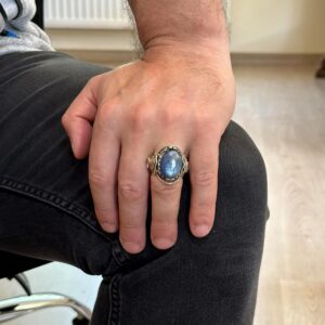 El Yapımı Aslan Başı Erkek Yüzüğü, Doğal Kyanit Taş Yüzük - 925 Ayar Gümüş Yüzük Erkekler İçin - Görsel 3