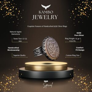 Erkekler için 925 Ayar Gümüş İslami Yüzük - Doğal Akik Taşı ile Elle Oyulmuş Hat Sanatı - Görsel 2