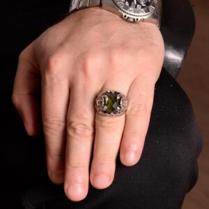 Akrepler Yüzüğü, Hayvan Yüzükleri, Yeşil Zirkon Taşlı Yüzük, 925 Ayar Gümüş Erkek Yüzüğü - Görsel 3