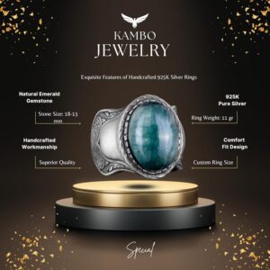 Doğal Taş Yüzük, 925 Ayar Gümüş Yüzük, Cabochon Zümrüt Yüzük - Görsel 6