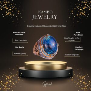 925 Ayar Gümüş Yüzük, Doğal Azurit Taşı ile, El Yapımı Erkek Yüzüğü, Vintage Tasarım - Görsel 3