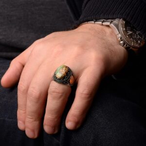 Gerçek Doğal Arizona Turkuaz Taş Yüzük, Minimalist Yüzük, 925 Ayar Gümüş Erkek Yüzük (Model-5) - Görsel 6